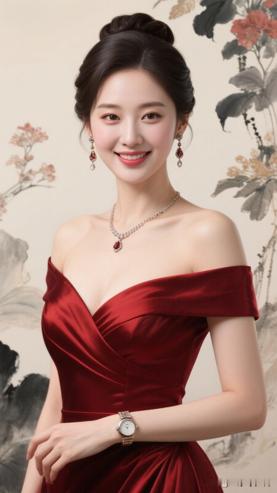 红衣美人笑，花枝拂面来。爱笑的女人魅力十足，你觉得呢优雅红裙，甜美笑容，尽显东