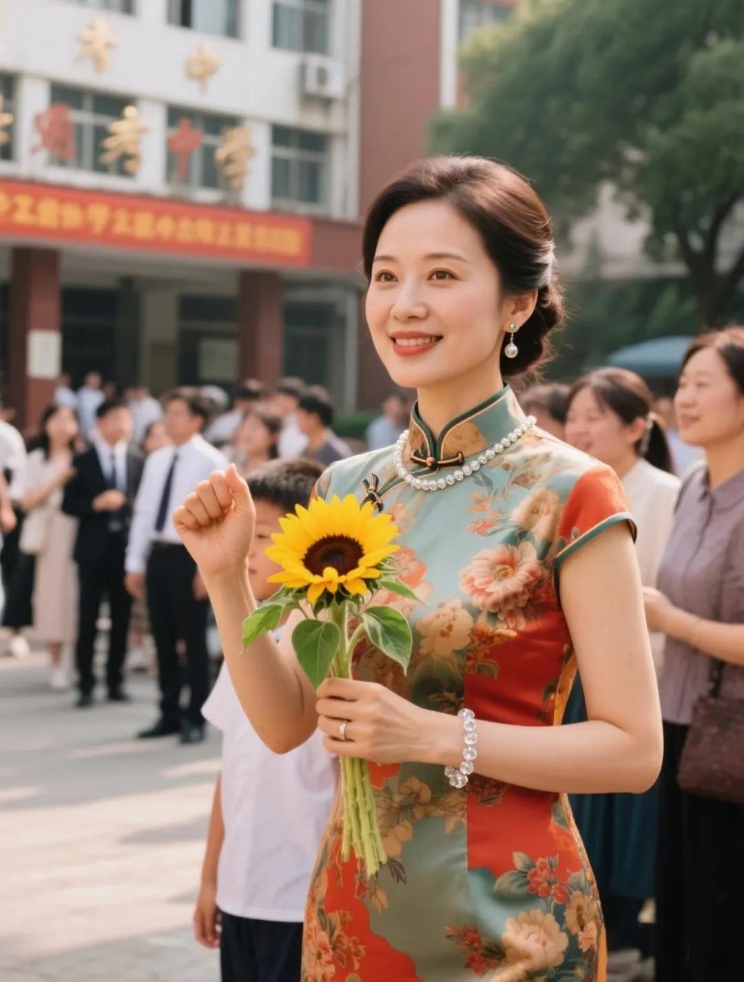 旗袍映日，守望成光高考场外，妈妈身着旗袍的身影摇曳生姿，手捧向日葵笑若骄阳