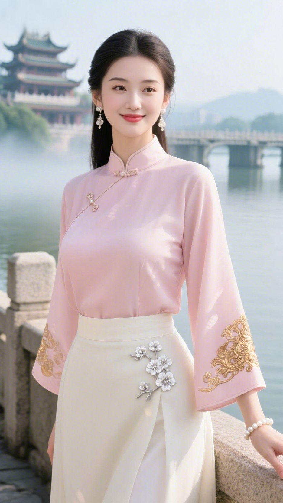 《烟水畔的粉衫春容》晨雾裹着湖光漫过石栏时，她立在岸边，粉衫像被春阳浸软的