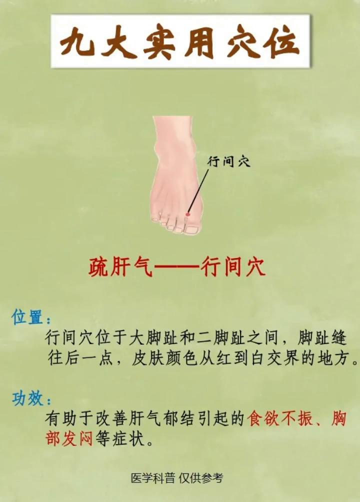 ·太冲穴位于脚背，沿着大脚趾和二脚趾之间的指缝顺着向上推，一直推到根部。它与肝脏