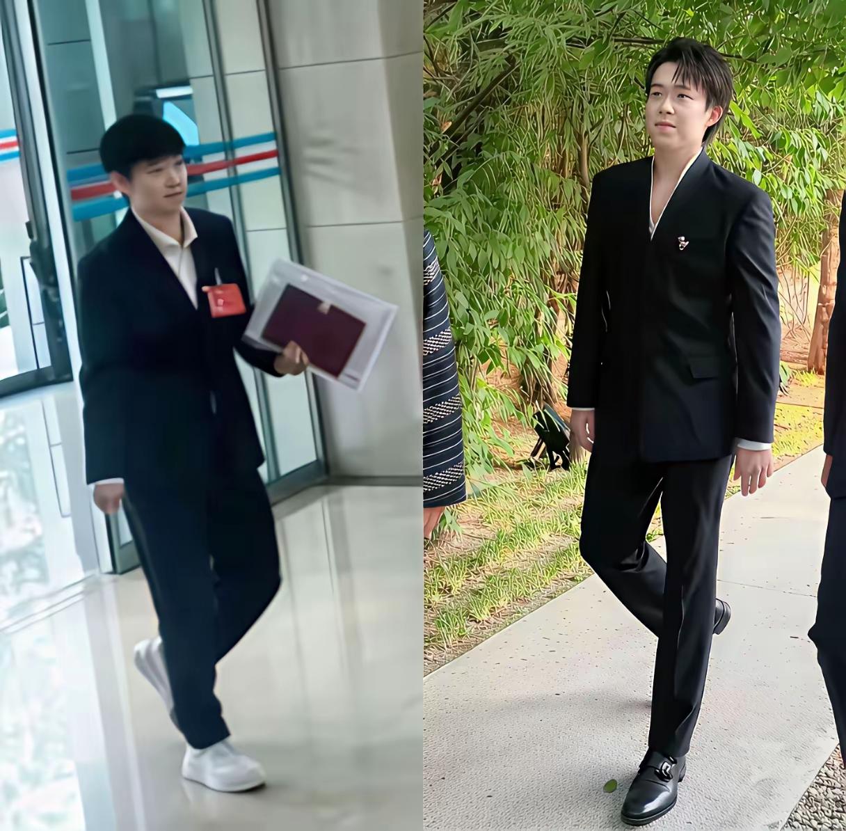 我天呐，王楚钦这张照片也太帅了吧，个子这么高的吗？腿好长呀。莎莎这张穿着正装照