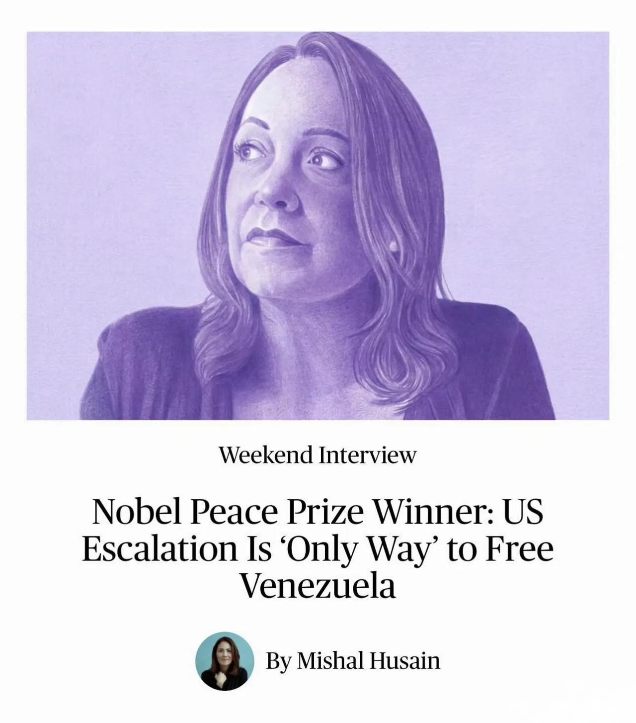 据美国彭博社报道，今年的诺贝尔和平奖得主、委内瑞拉反对派领袖玛丽亚·科琳娜·马查