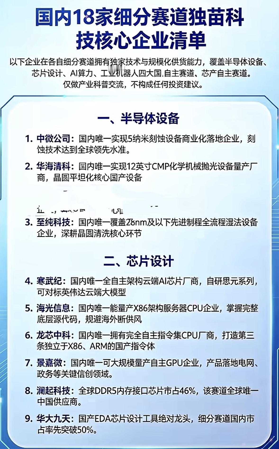 国内18家科技核心企业清单，涵盖AI与工业机器人。翻到一份国内18家科技核心