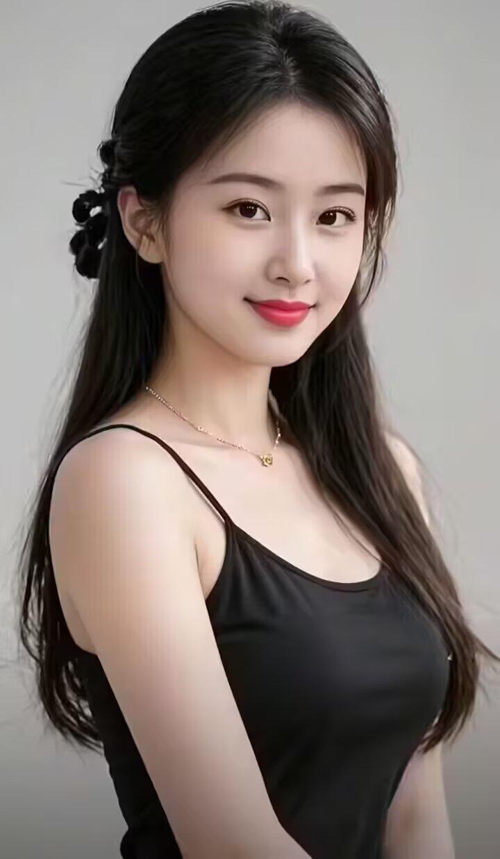 甜美少女风，黑发红唇，简约优雅，清新自然。