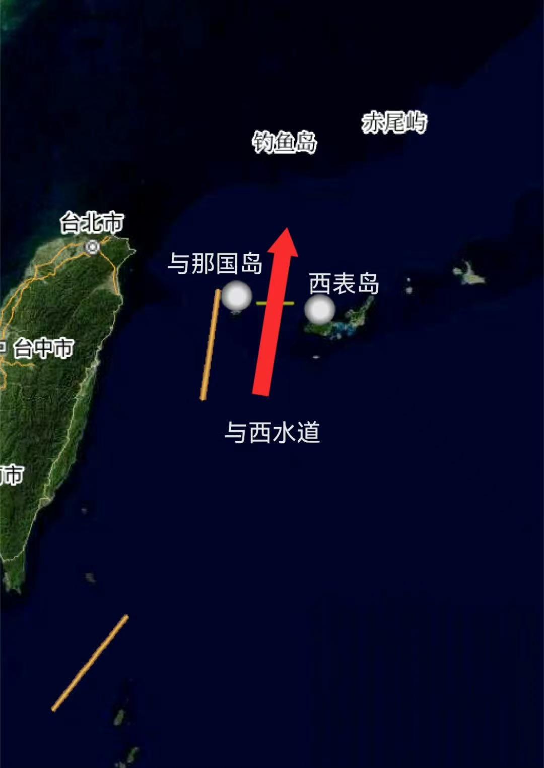 与西水道示意——也称与那国海峡，位于琉球群岛与那国岛与西表岛之间，宽约60公里。