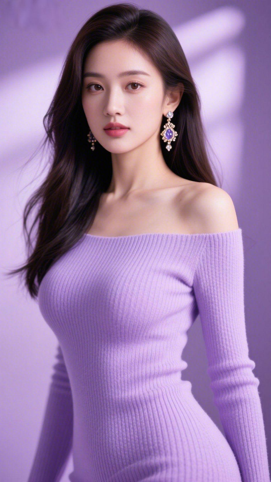 紫衫里的柔雾静淡紫针织裙裹着软绵纹理，露肩领口轻衬肩线，像把暮色里的雾揉进