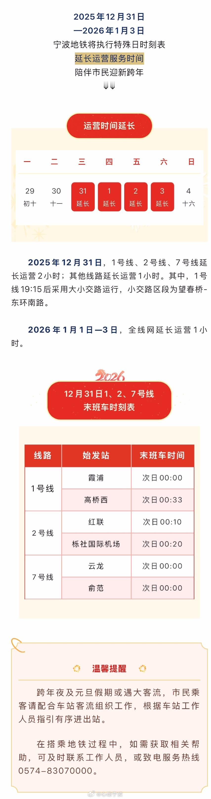 【宁波元旦地铁运营将有调整】2025年12月31日—2026年1月3日，宁波地