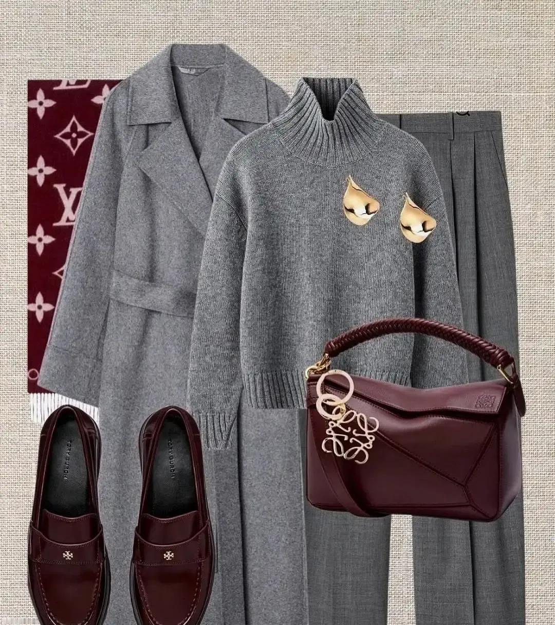 2025年秋冬女装流行灰+奶油色，裹身外套配宽腿裤和踝靴，一眼看去像把奶茶穿身上