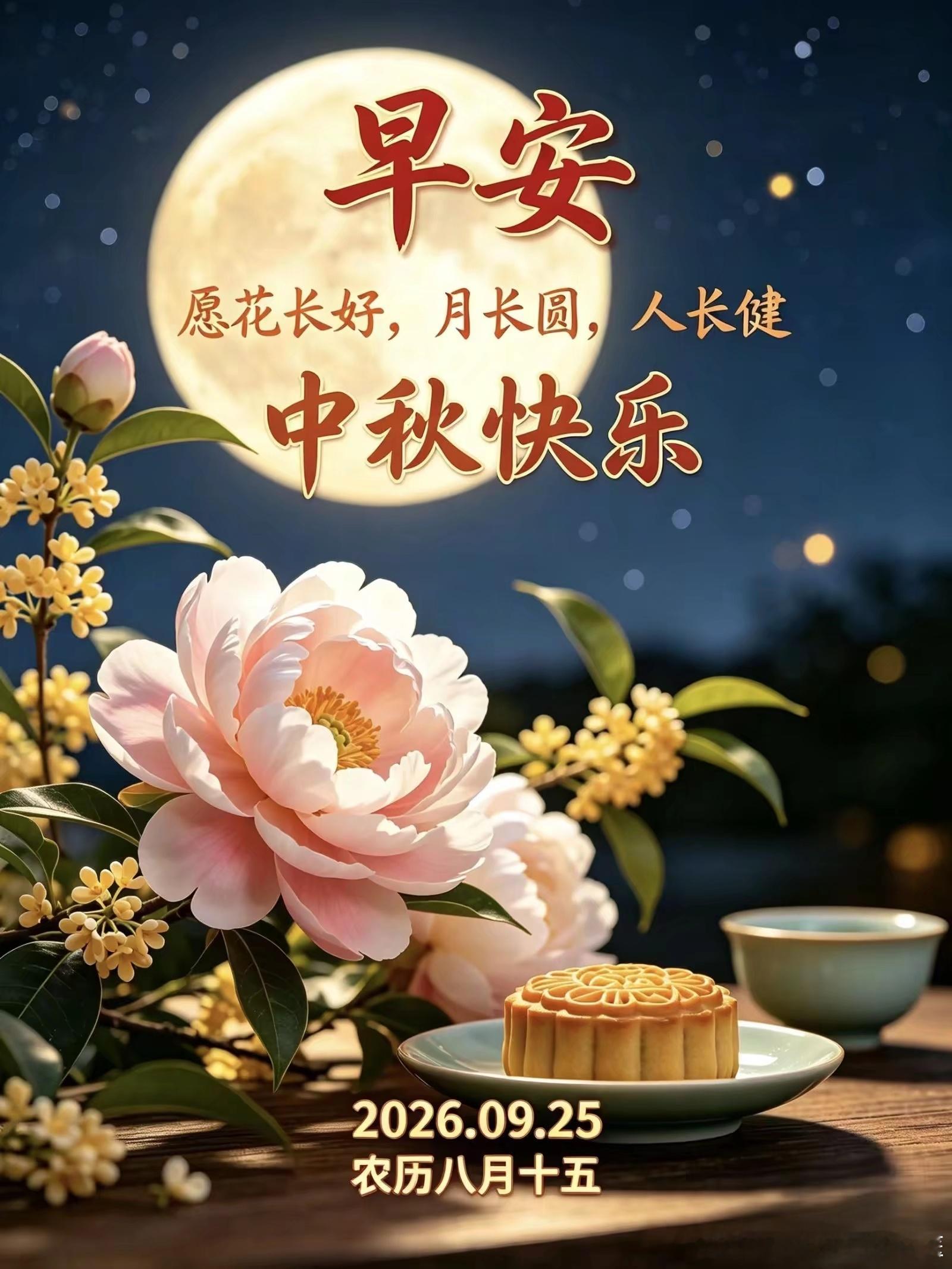 中秋早安岁岁安康一轮皓月悬于深蓝夜空，清辉漫洒，点亮人间良辰。牡丹盛放，桂香浮动，木桌上月饼静放，青