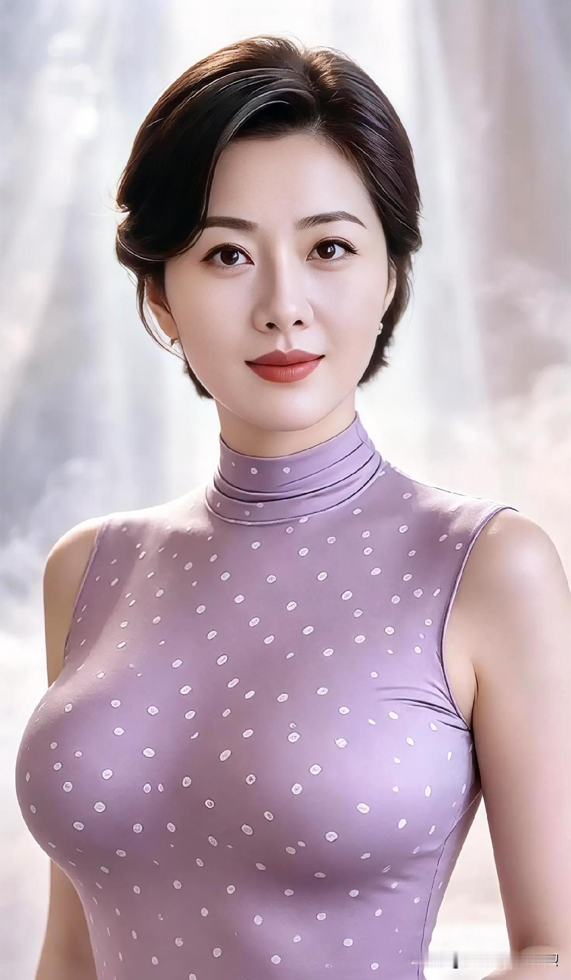 浅紫波点衫，温柔映肤；短发轻挽，眉眼含韵。光影朦胧间，优雅如诗，静美若兰，于素淡