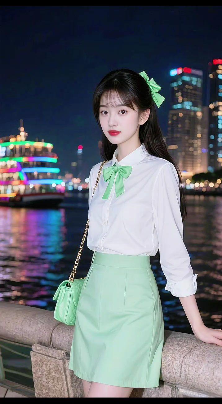AI薄荷系写真城市夜景打卡江边夜景清纯甜美温柔风