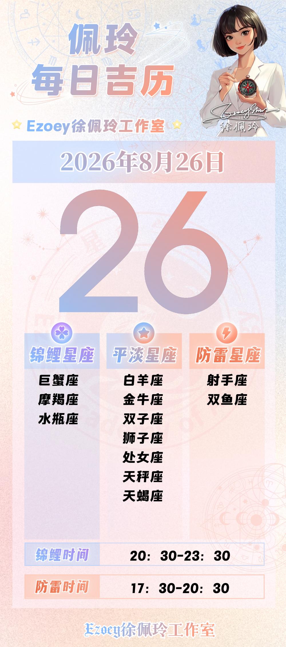 【8.26日播报】稳中推进日锦鲤星座：巨蟹座、摩羯座、水瓶座——Ezoey徐佩