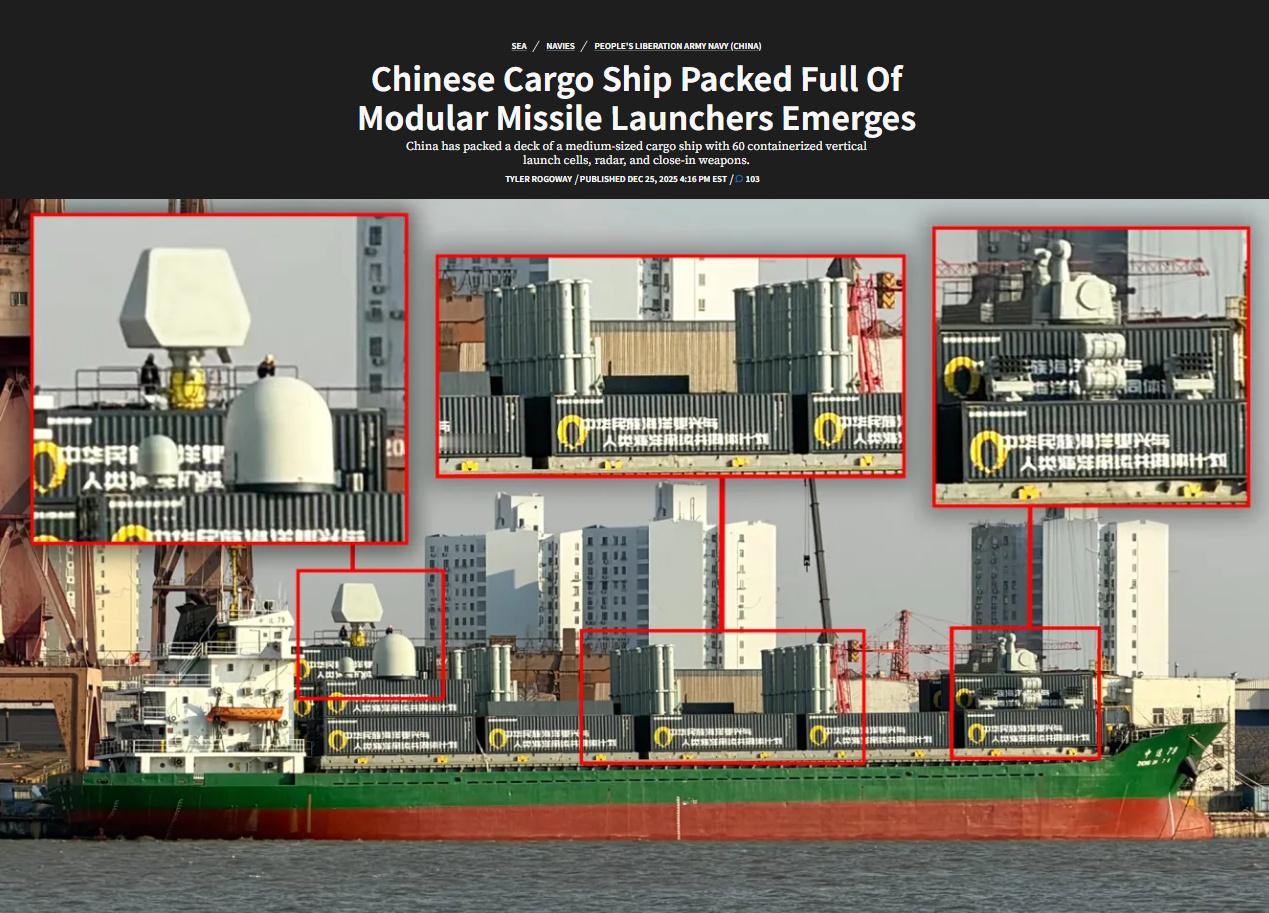 美媒：东大出现一艘货船改装垂发武库舰，改装用时仅半个月！在西方的圣诞节当天，因为