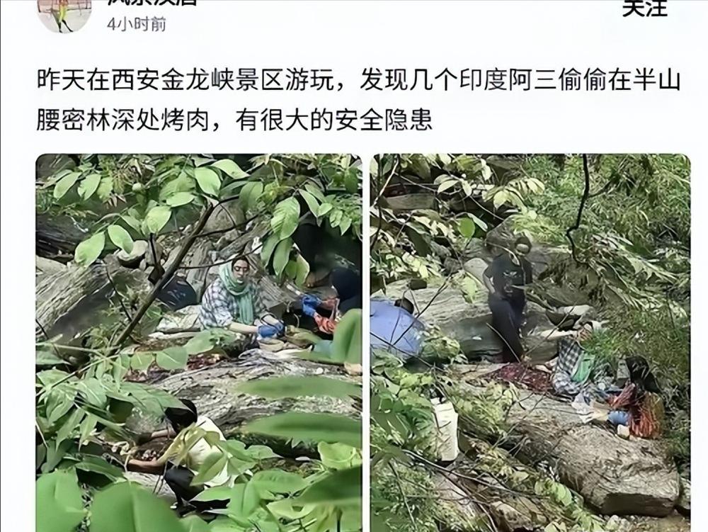 🐰胆大包天！几名印度籍游客躲进西安金龙峡半山腰的密林深处，偷偷生起明火