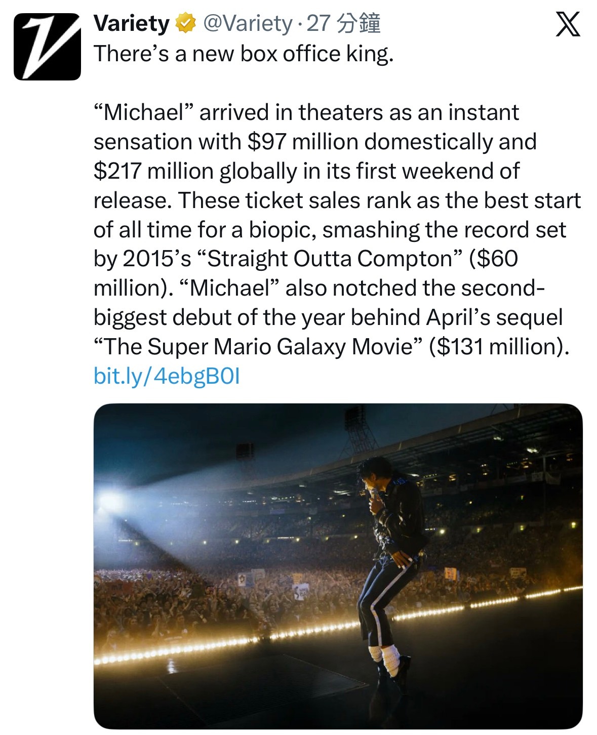 MichaelJackson传记片『Michael』首周末北美票房达9700