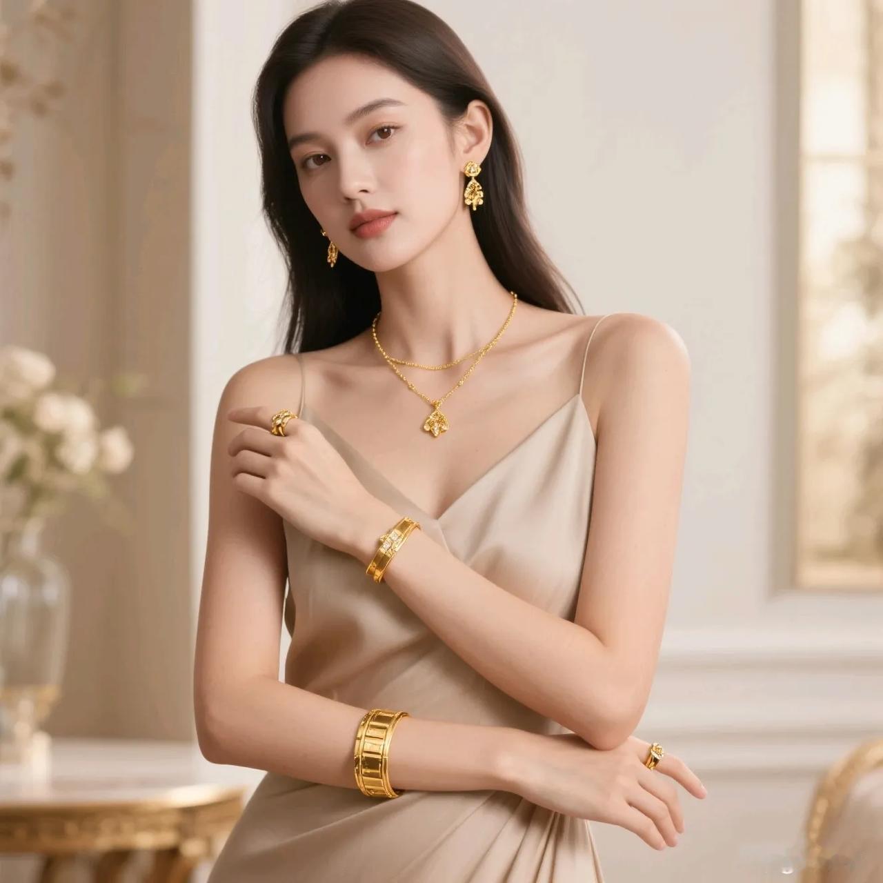 今天下午有一个女的来取快递，穿的可漂亮了，黄金耳坠，黄金手镯，黄金项链，黄