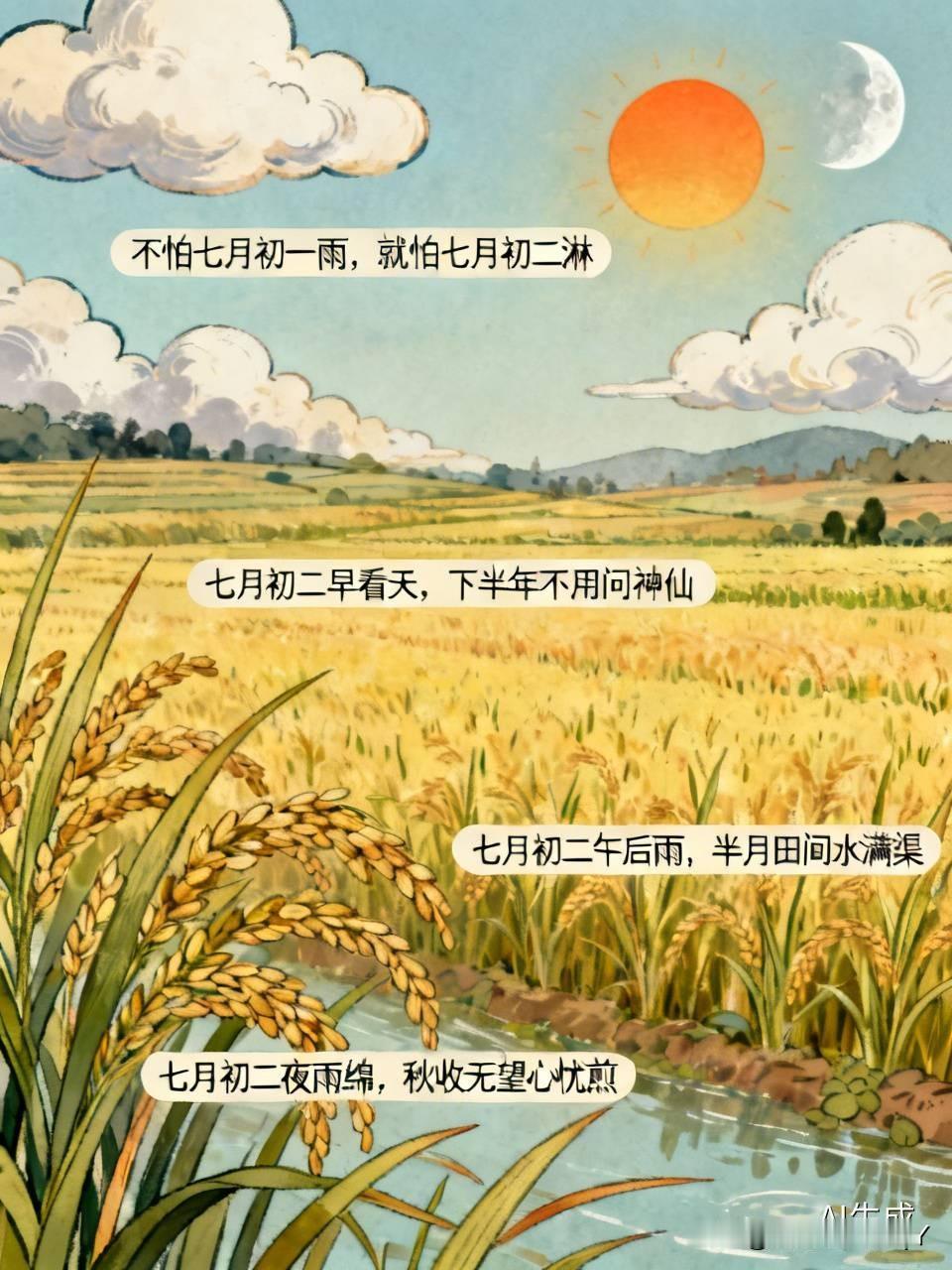 今天是七月初二民间俗语有1.不怕七月初一雨，就怕七月初二淋七月初一下雨，那