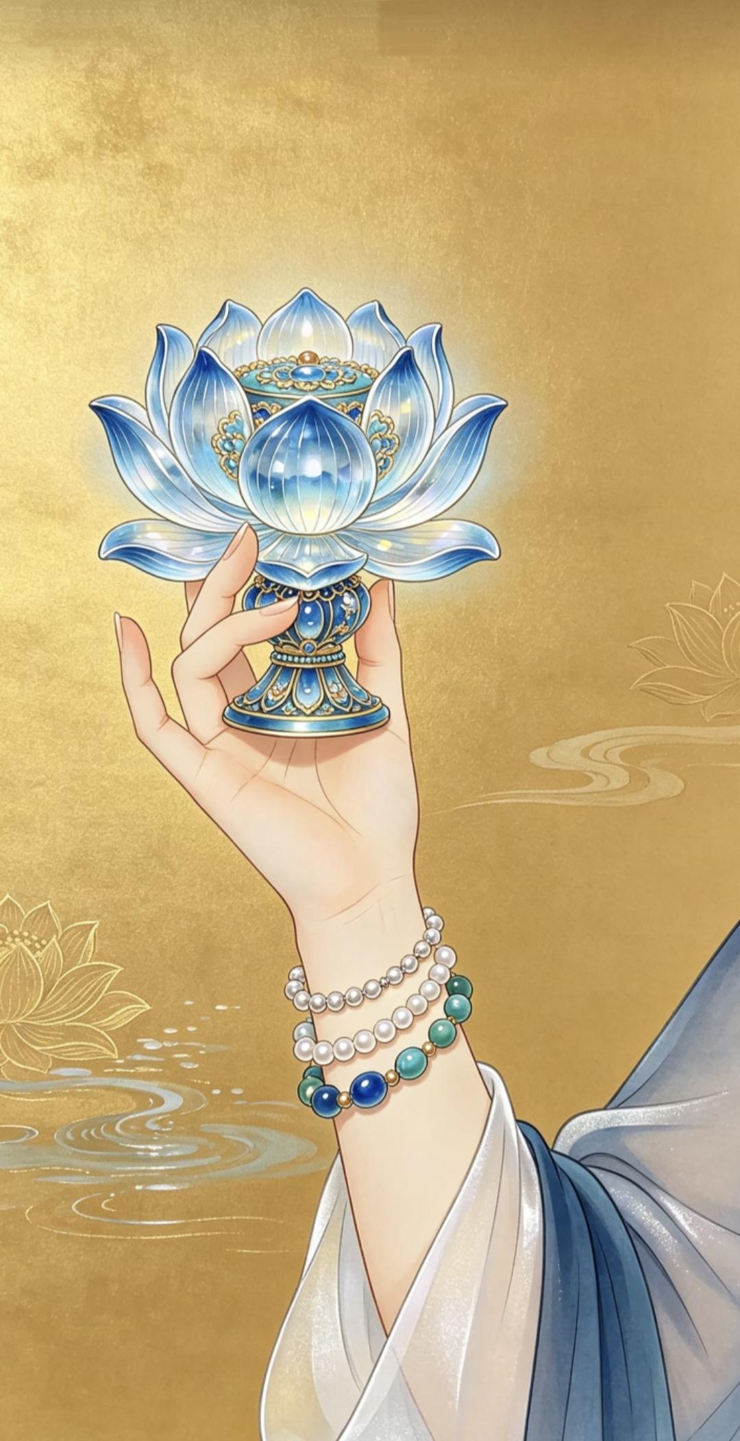 蓝莲清净生智慧，如意牡丹富贵长。手捧祥瑞福满门，花开富贵万事兴。传统文化传递