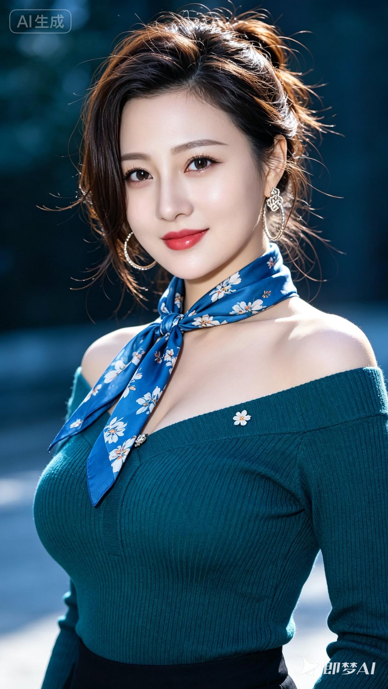 这位美女穿着蓝色上衣，系着花巾，笑容甜美。