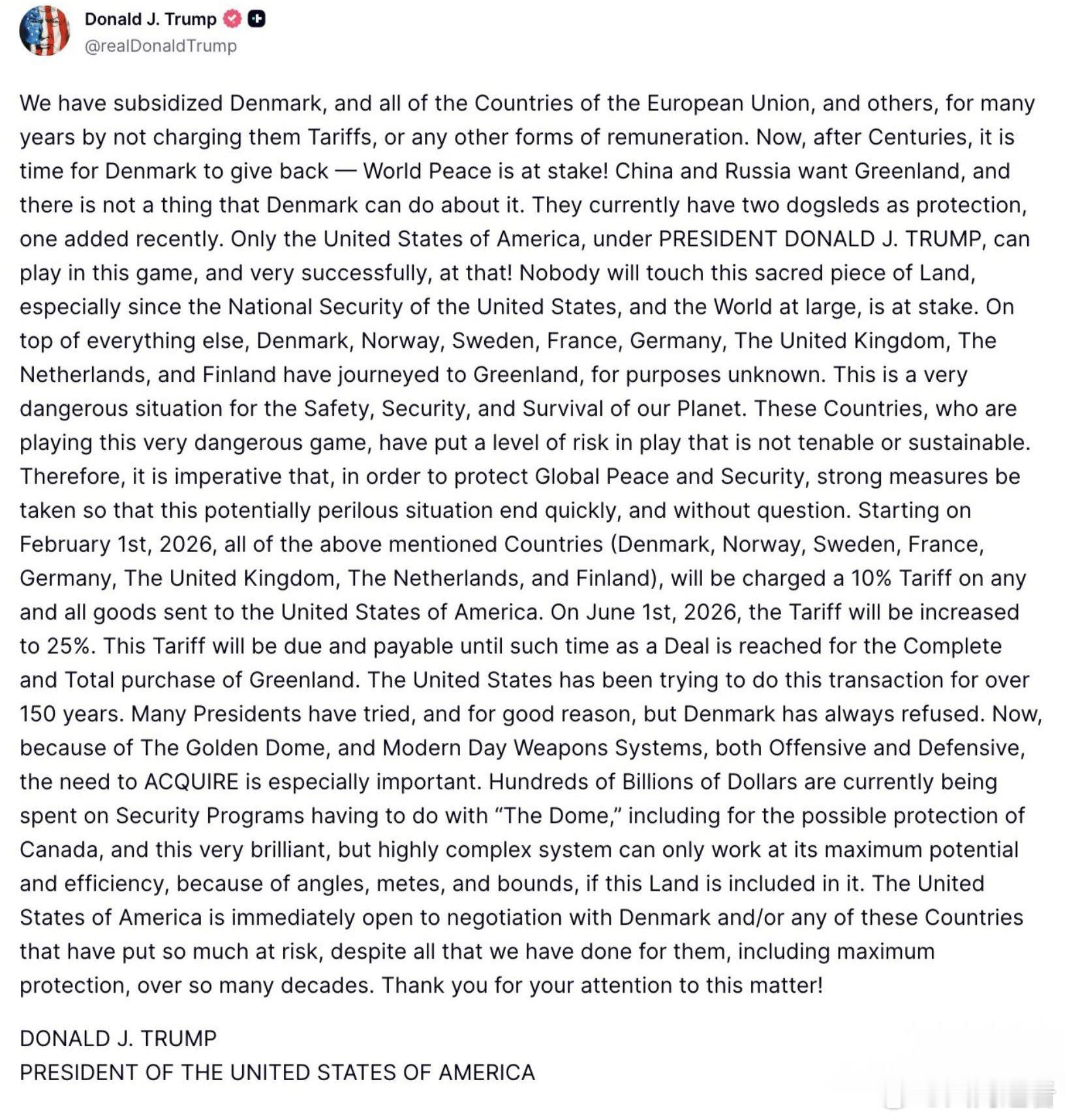 特朗普因格陵兰岛向欧洲8国加税美国总统特朗普宣布，自2026年2月1日起，对北欧