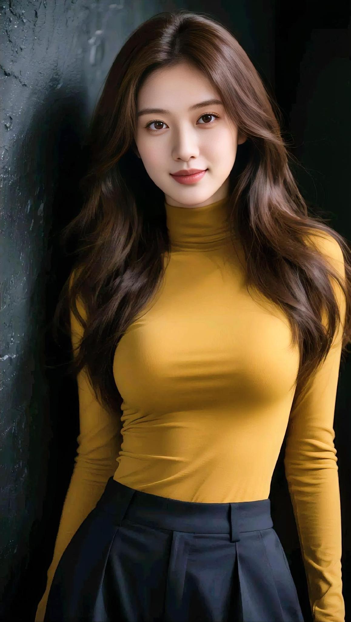 《暗墙暖意自生光》深灰墙影，衬出明黄温婉，高领贴身，裹住秋日柔软。长