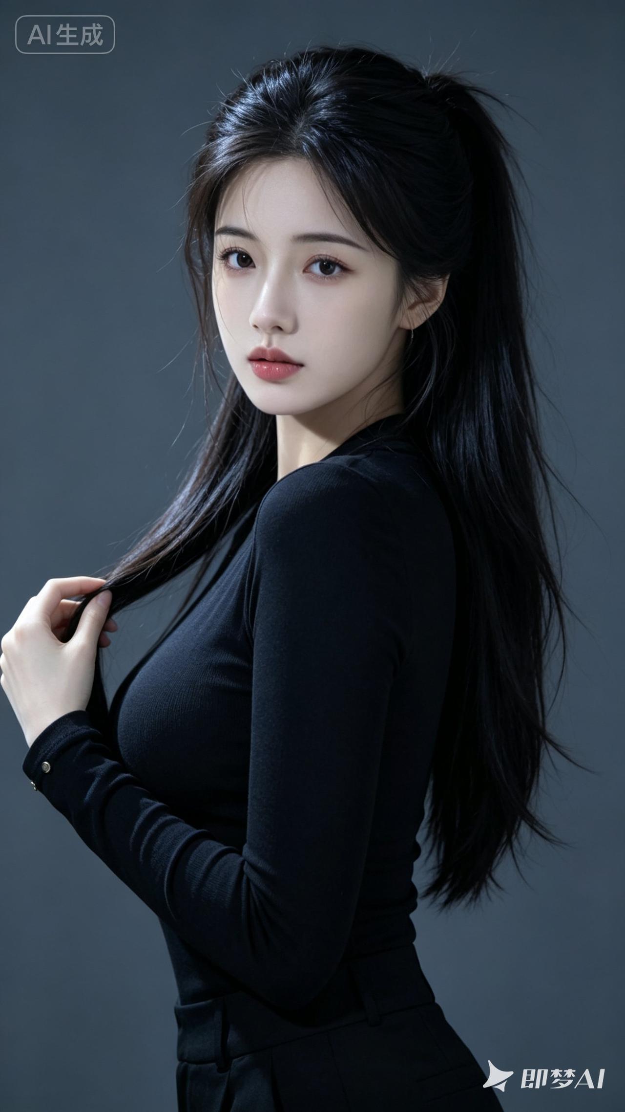 一个长发美女穿着黑色衣服，侧身回头。