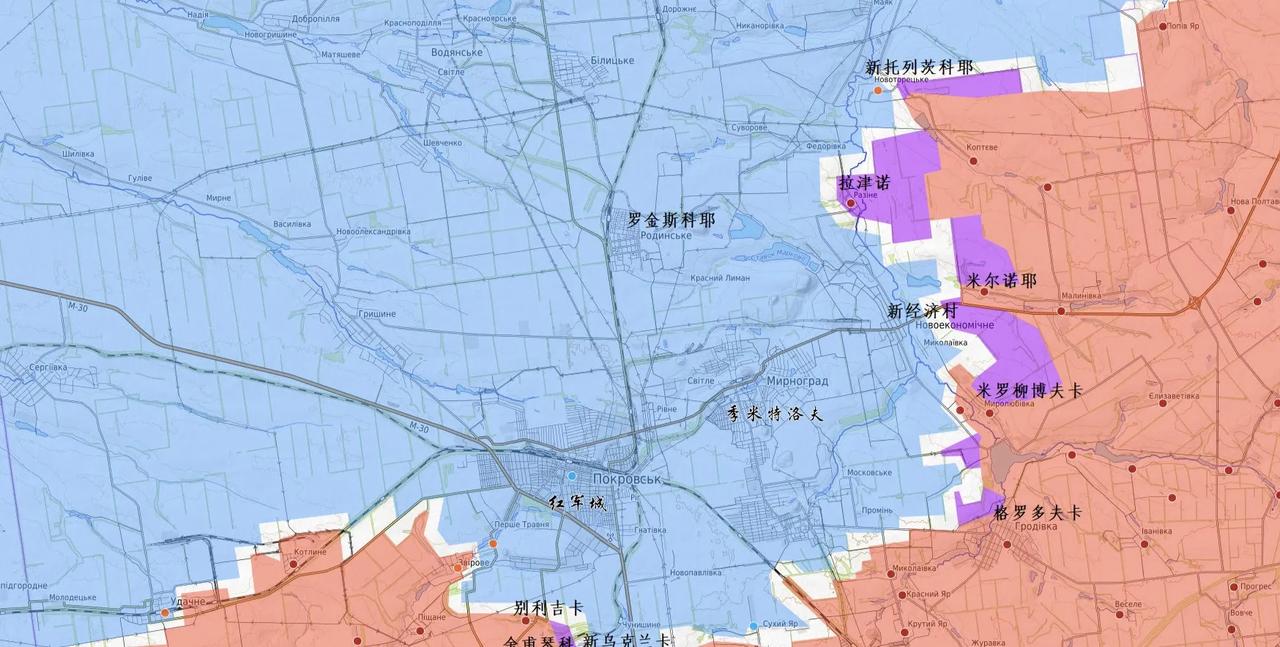 俄军对红军城及其卫星城季米特洛夫的包围态势。紫色是俄军过去一天内取得的进展。现