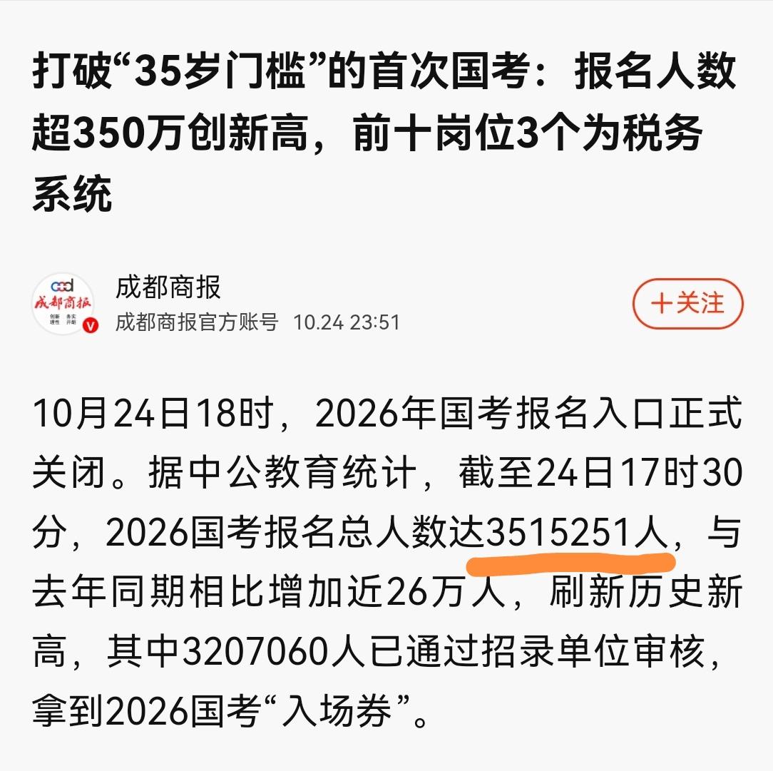 2026年国考报名数据出来了:总共招录人数3万8千多,报名人数351万多。