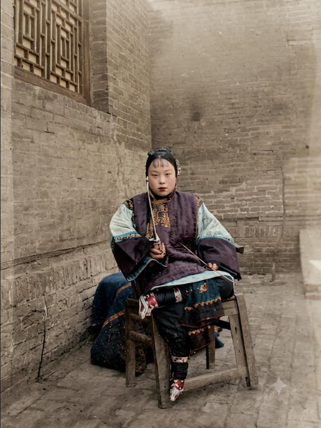 清末，北方，一位中年妇女闲坐休憩，身后的墙面质朴厚重，侧上方是传统回纹格木窗，地