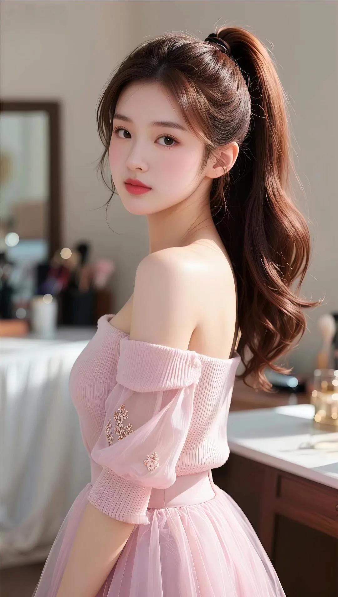 粉色纱裙被月光染成诗，露肩的温柔藏不住心跳。等风也等你——今晚的想念，要不要让它