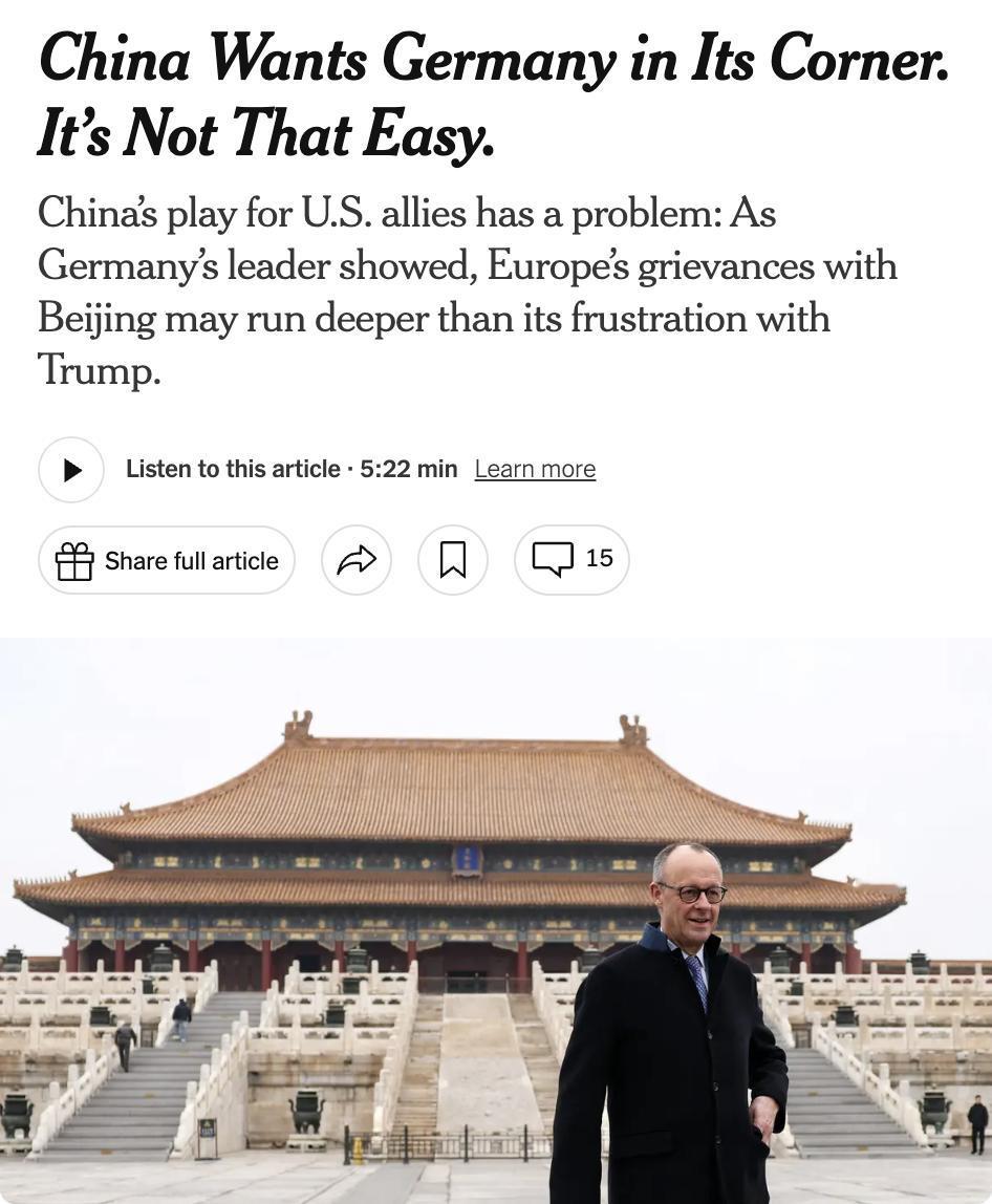美媒：中国希望德国站在自己一边。但这并不容易2026年2月26日，德国总理默