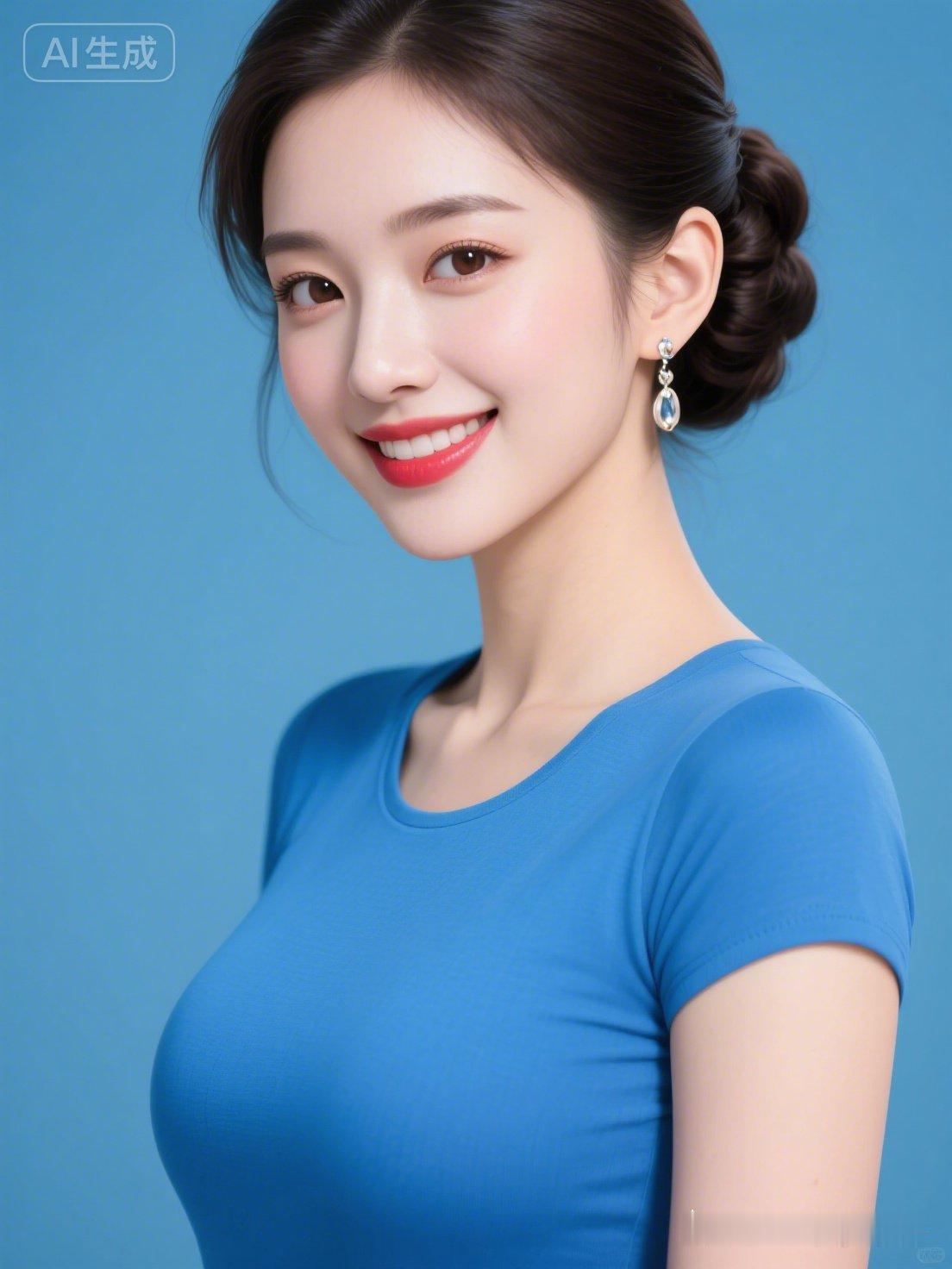 这姑娘笑容真甜美，穿着蓝色上衣。