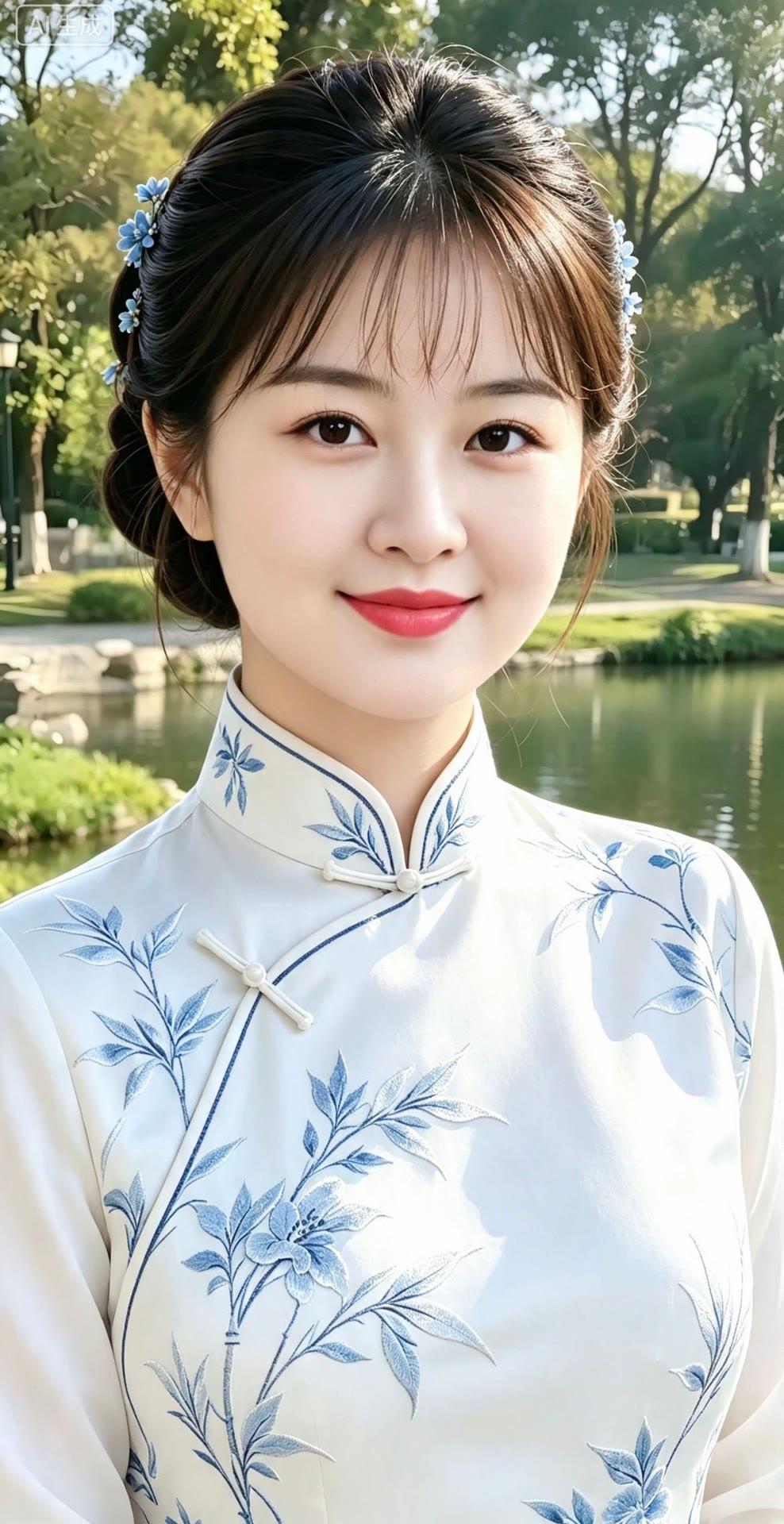 古典韵味，白衣蓝花，悠然自得。