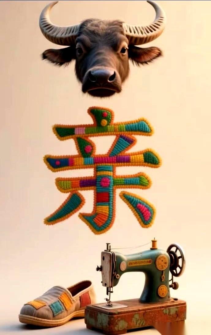 一张图，差点把我CPU干烧了。一个牛头，一台缝纫机，一只布鞋，还有一张亲子照。