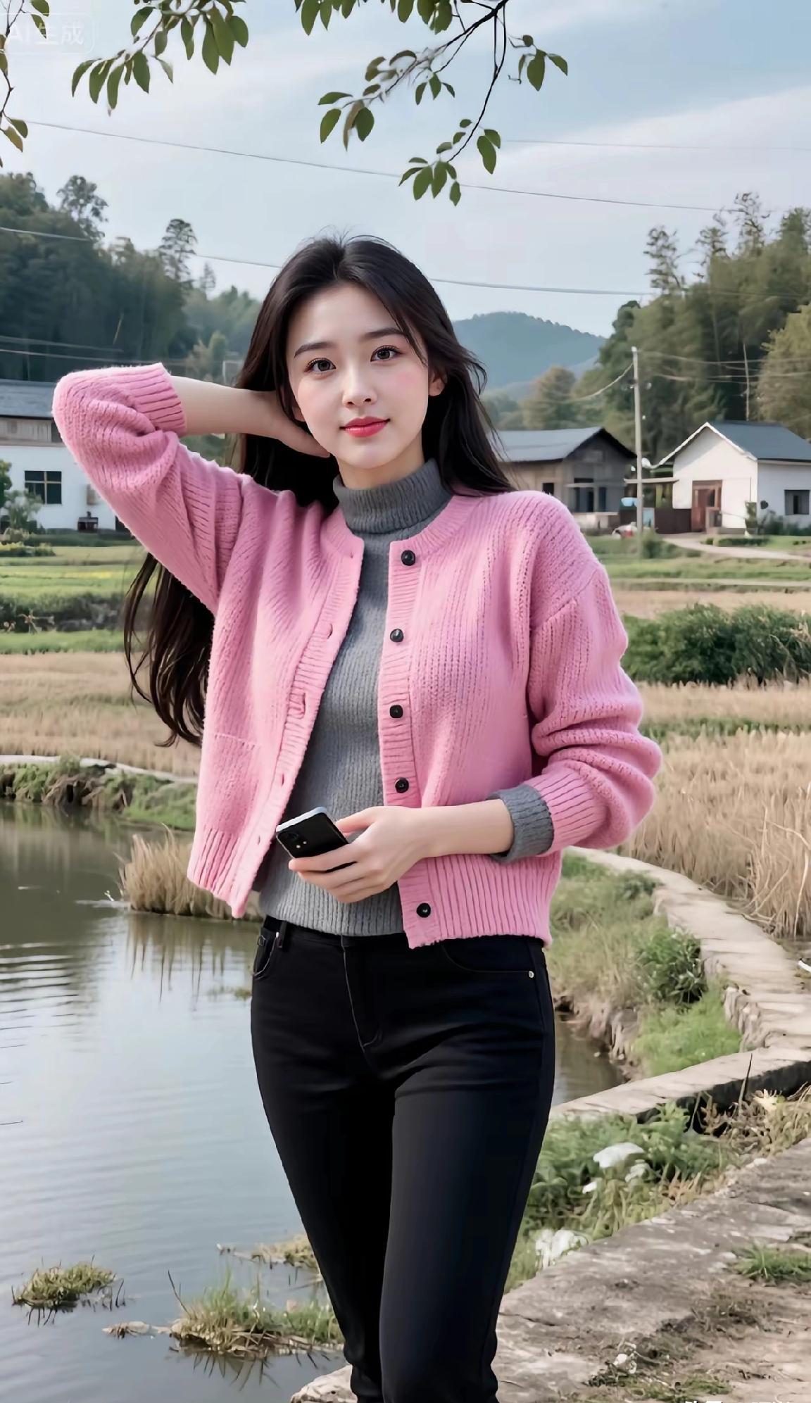 粉色毛衣搭配黑色牛仔裤，清新自然，乡村田园风美丽乡村