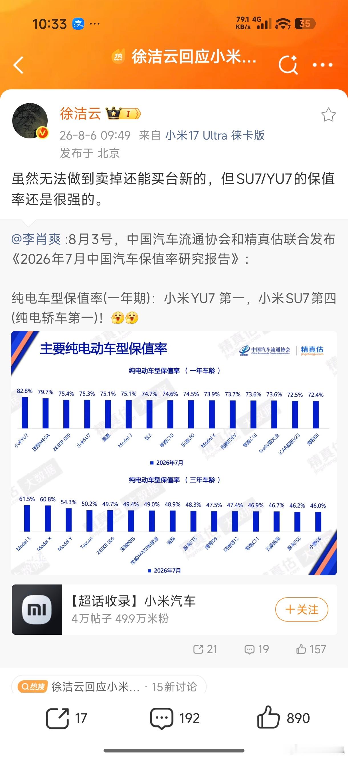 徐洁云回应小米汽车保值率…笑死，其实卖掉再买台新的是可以做到的，同款车型除非早期