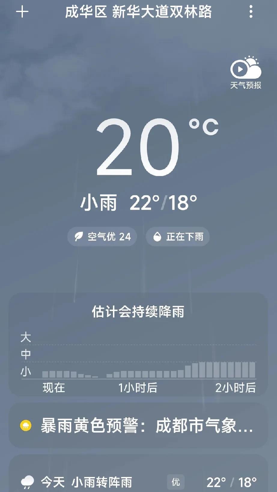 成都从昨天晚上开始下雨，雨一直下到现在，连续下了24个小时了，丝毫没有停的意思。