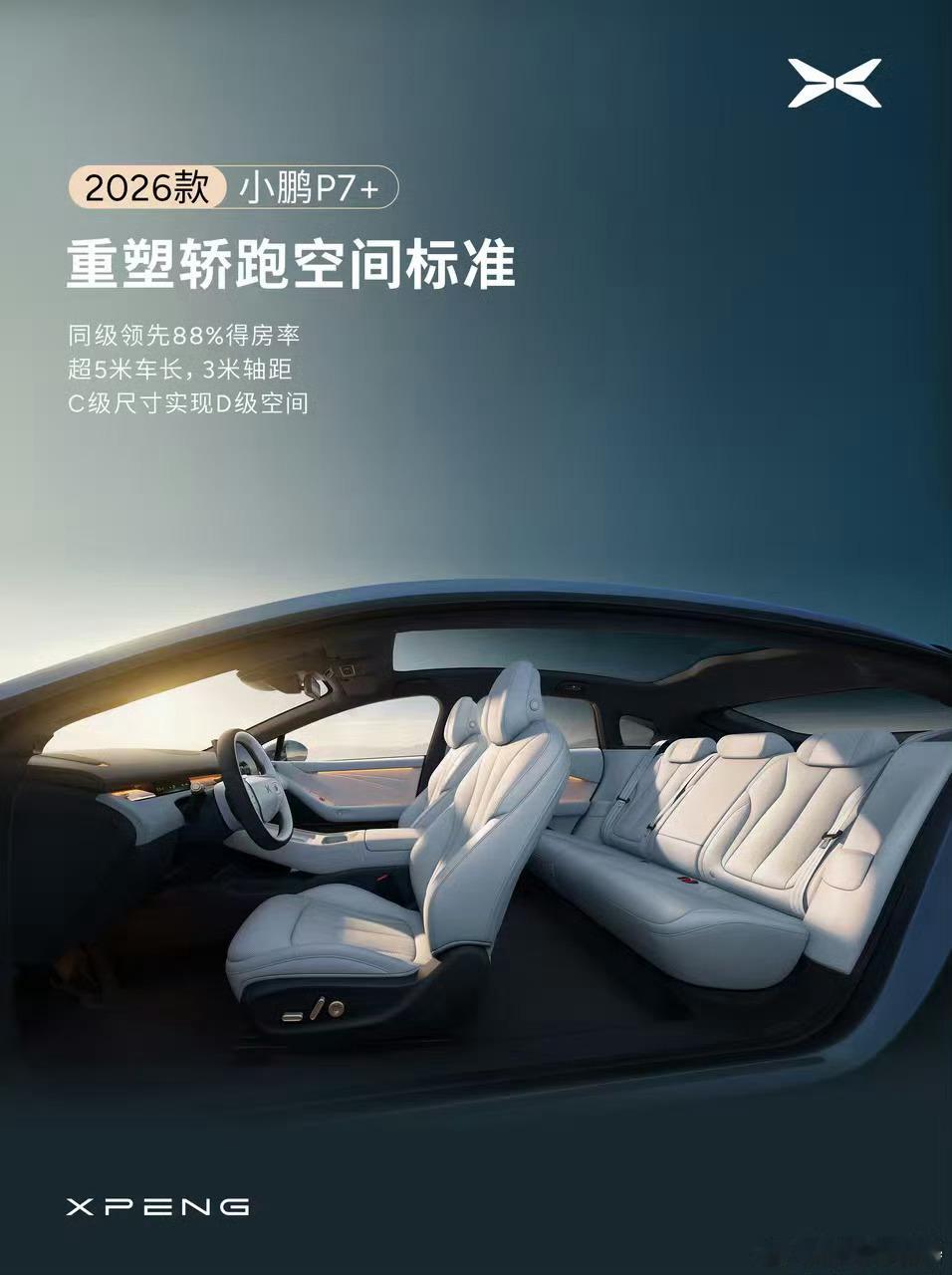 新款小鹏P7+过两天就要上了空间是这回的宣传重点，超5米车长，3米的轴距前后排都
