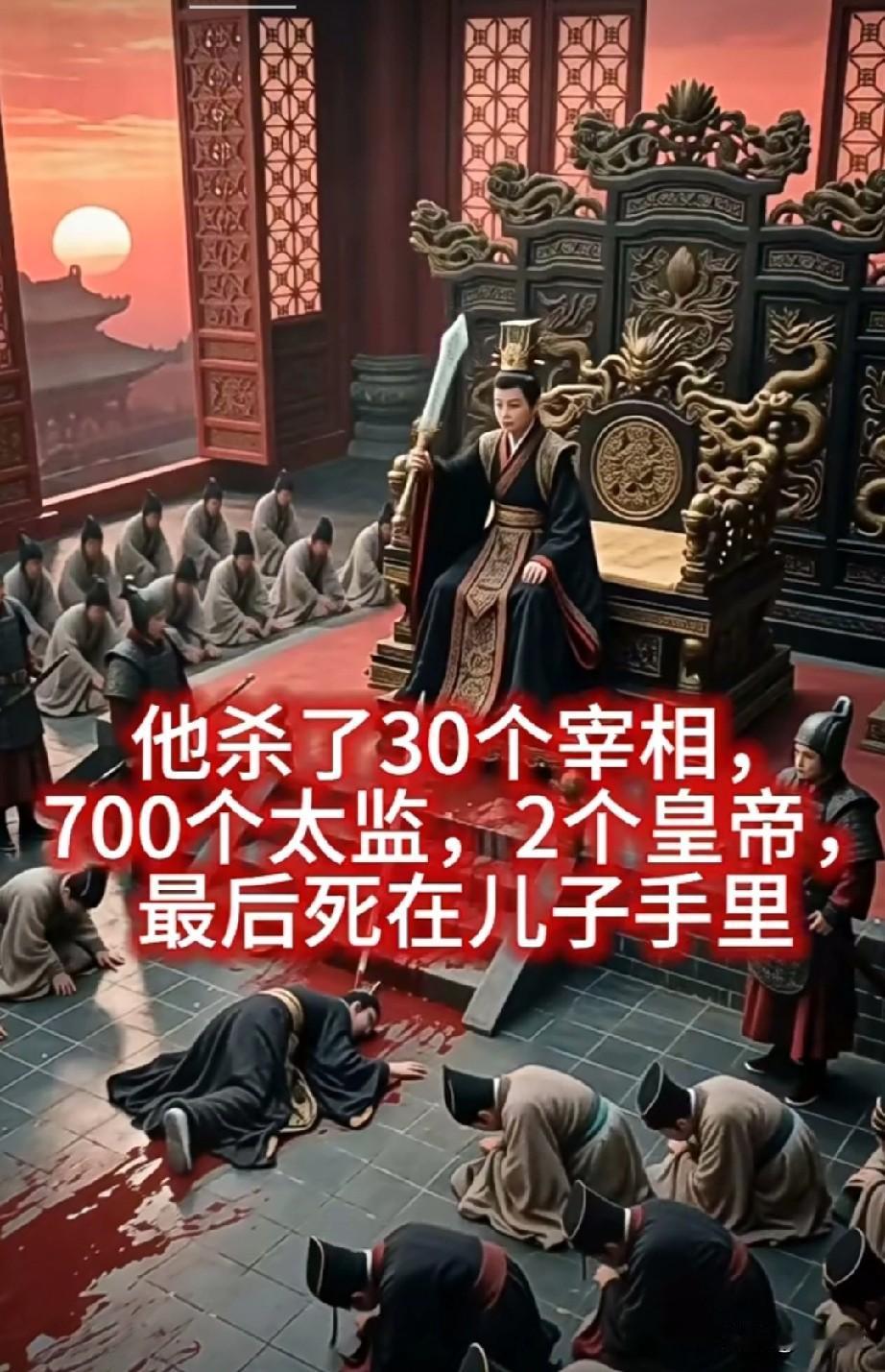 太惨爆了他杀了30个宰相，700个太监，2个皇帝，最后死在儿子手里，有