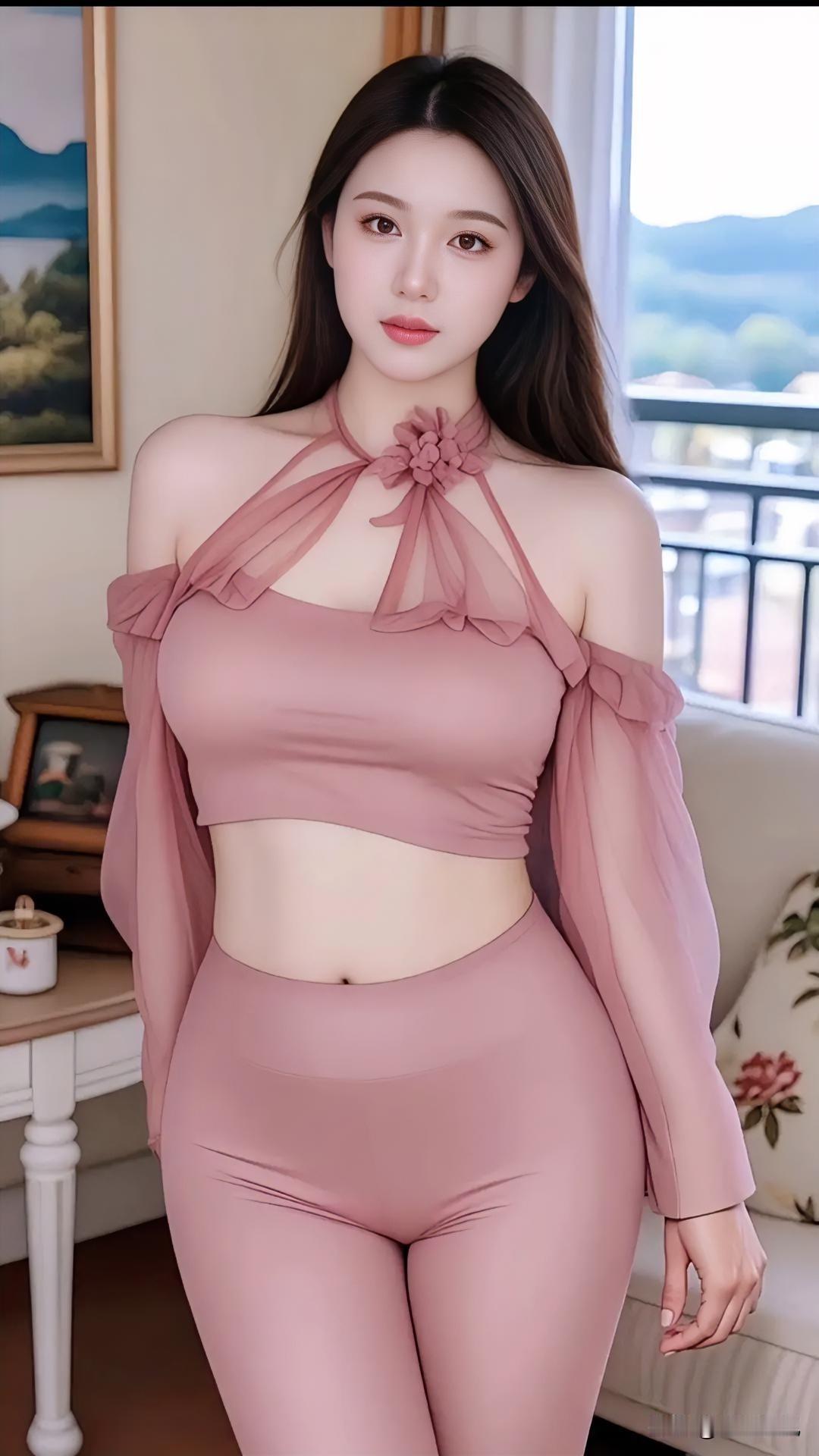 粉衣美人倚窗立，花影摇曳入梦来。