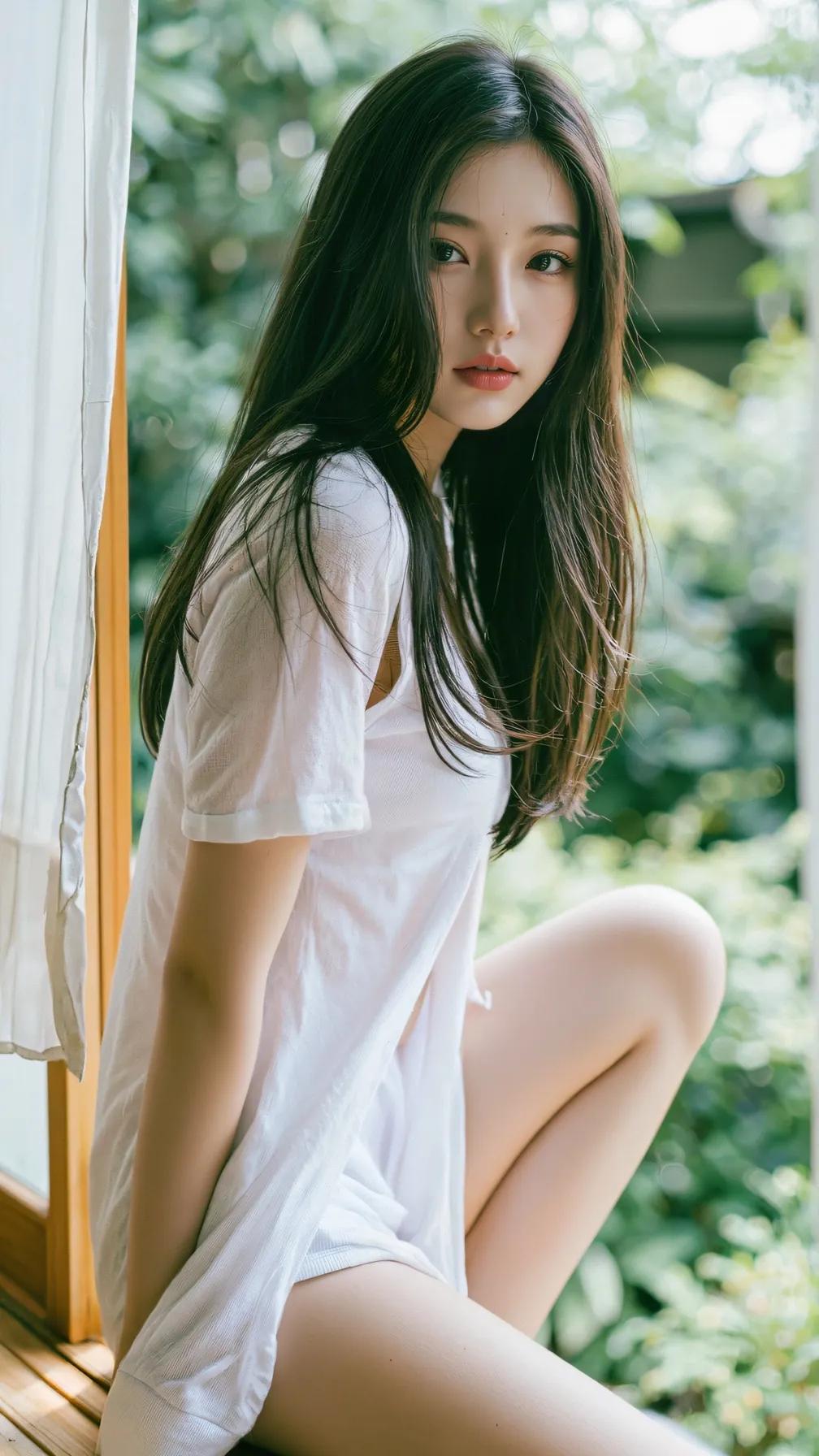 美女壁纸～绿意漫过窗棂，日光揉碎在素白衣衫的肌理里。庭院深深，树影婆娑，或静坐或