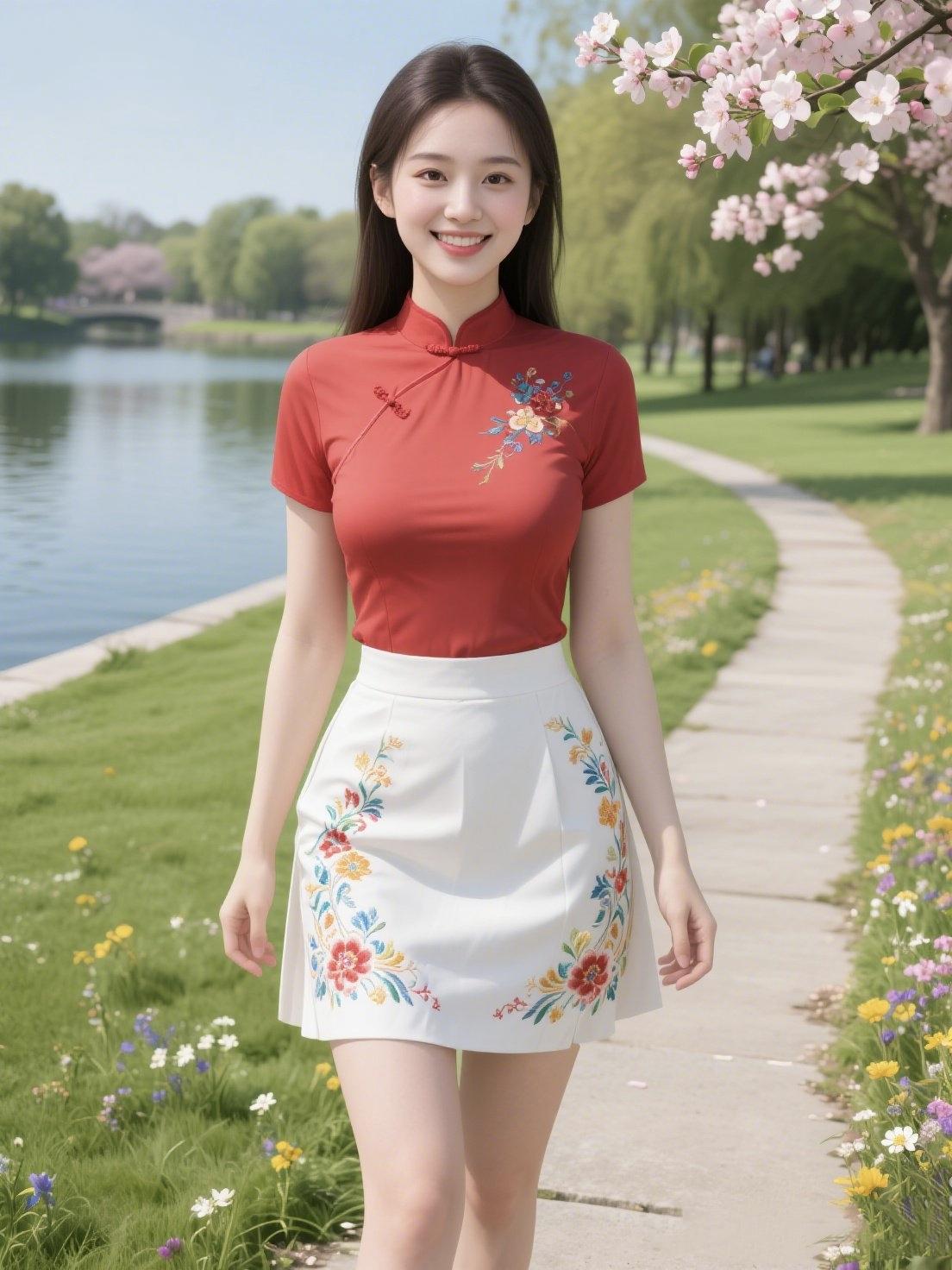 《春行·花影入襟》风牵柳丝拂过青石板，她踏碎晨光，从花径里走来。朱红立