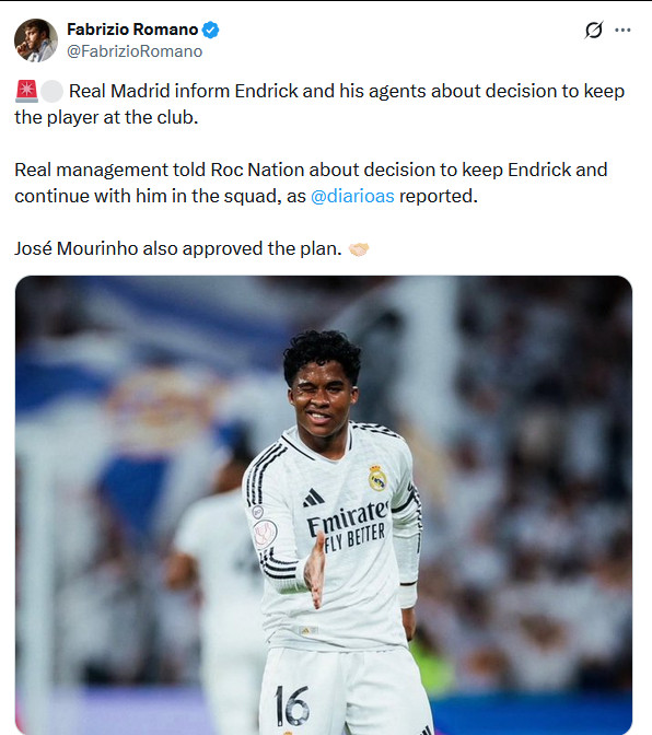 罗马诺：皇马已告知恩德里克和他的经纪团队RocNation，俱乐部决定将他留在