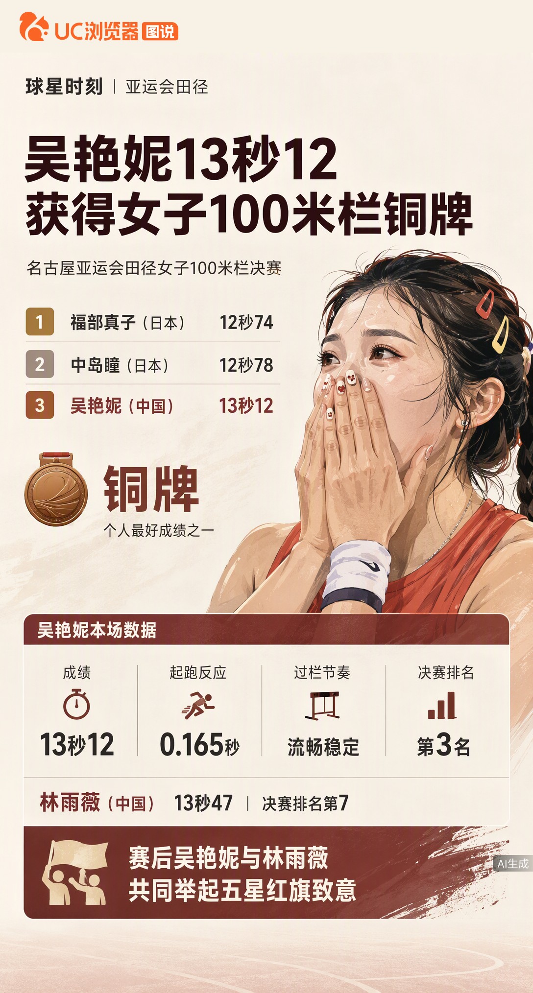 名古屋亚运女子100米栏决赛，吴艳妮13秒12摘铜，赛后激动落泪。日本选手包揽冠亚军，林雨薇第七。这