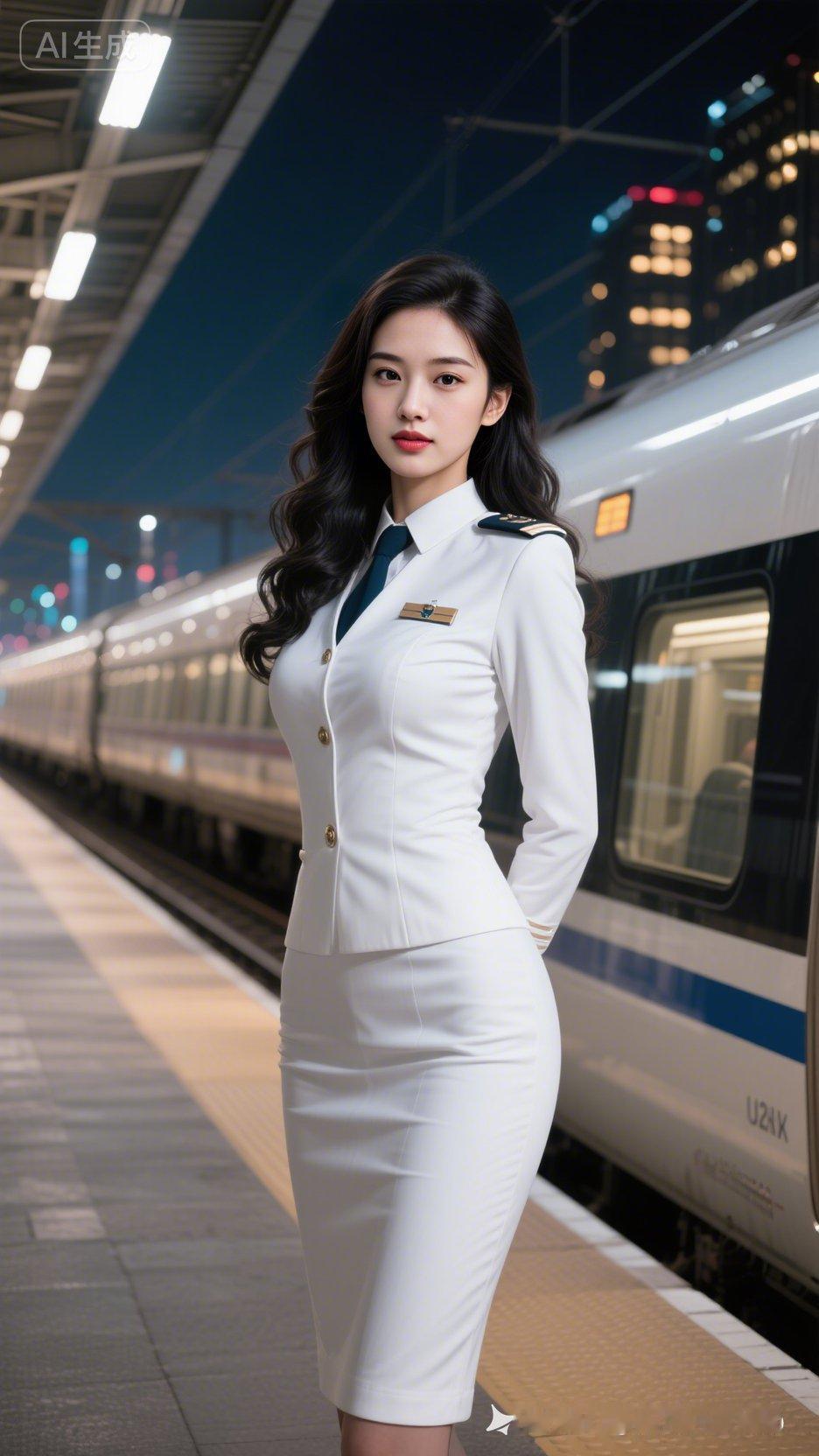 夜晚的火车站，优雅的空姐与列车相伴，静谧而美丽。
