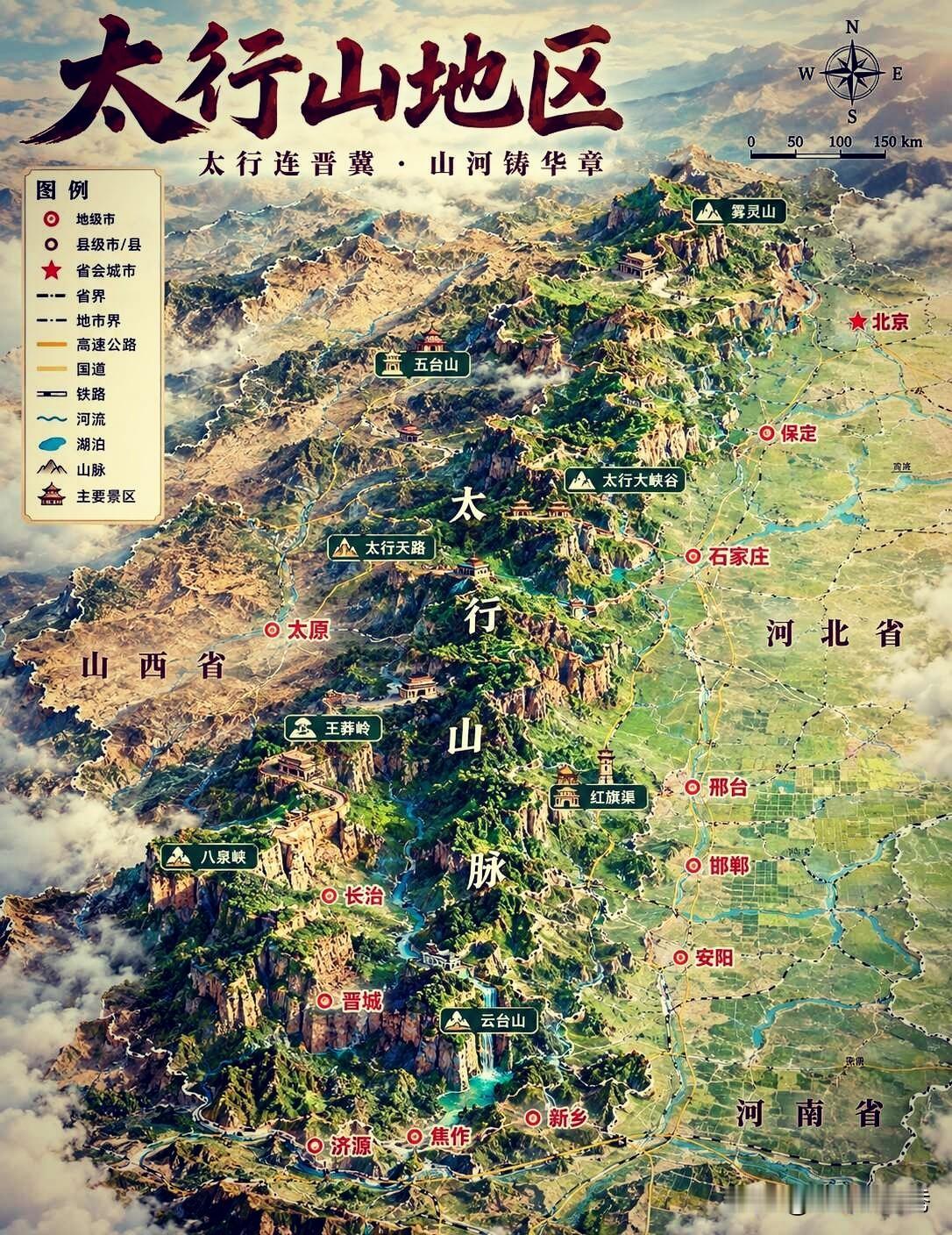 太行山，一条纵贯华北的巨型山脉，北起北京西山，向南延伸至河南与山西交界的王屋山，