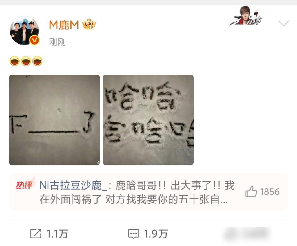 鹿晗刚刚发微博啦❗❗❗12月12日，鹿晗更新微博动态，发了两张雪地的图片，配