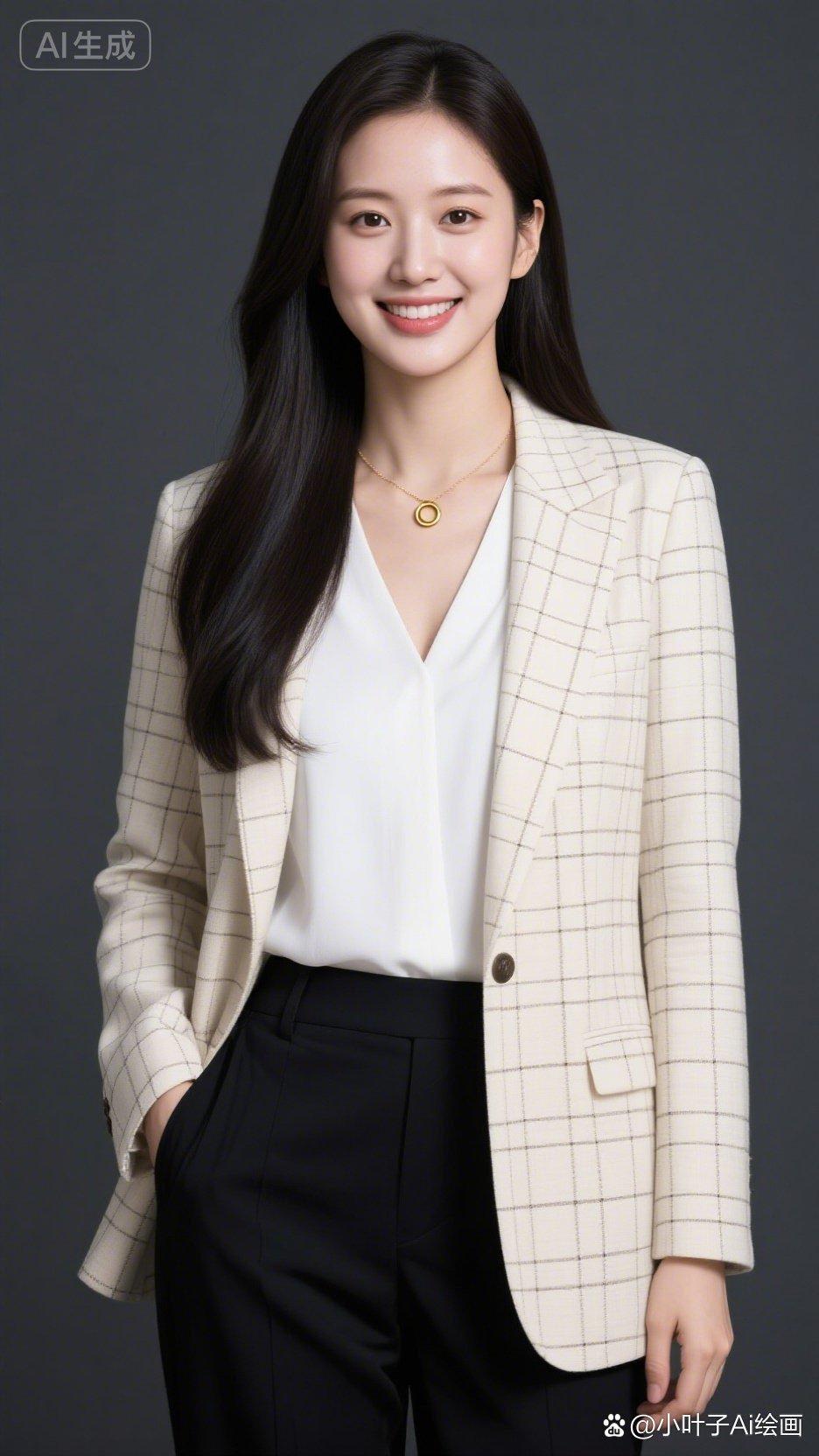 职场优雅风，格纹西装搭配白衬衫，自信微笑，尽显女性魅力！