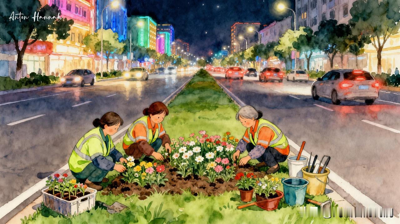 今天晚上回家路上，在等红绿灯的时候，无意看到马路中间绿化带上，有三位阿姨在种植花