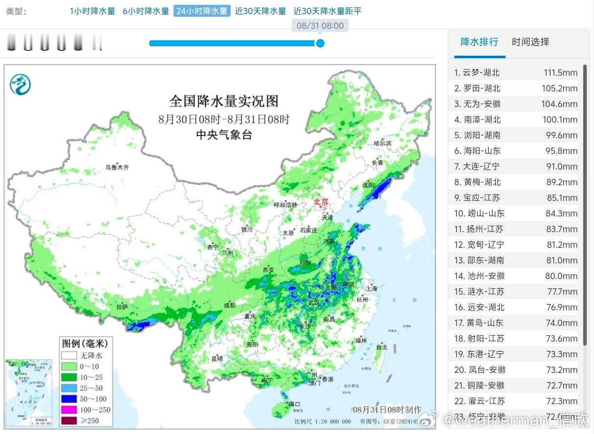 【强降雨和强对流】昨天到今晨，湖南湖北安徽江苏山东辽宁等地出现强降雨和强对流天气
